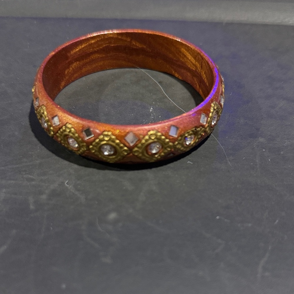 Handcrafted Red Enamel Bangle Bracelet with Gold Accents